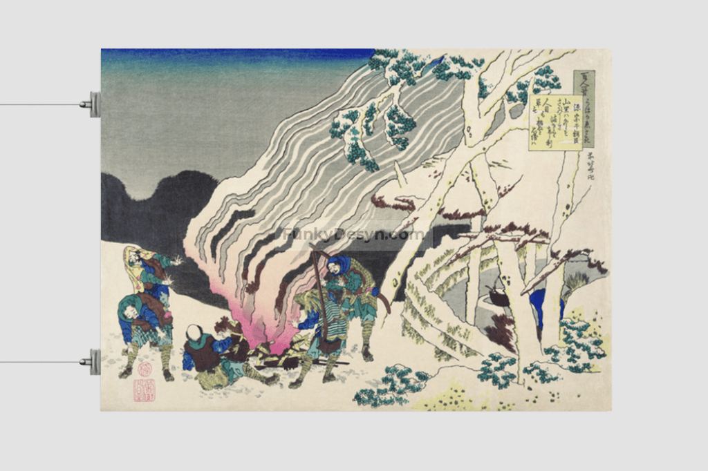 Minamoto no Muneyuki Ason by Katsushika Hokusai (1760-1849) a traditional Japanese Ukyio-e style illustration and poem of courtier warming themselves near the fire in the wintry night