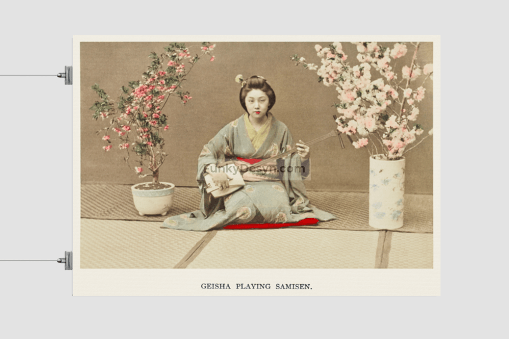 Geisha Playing Samisen, hand–colored albumen silver print from Japan. Described and Illustrated by the Japanese (1897) by Kazumasa Ogawa.