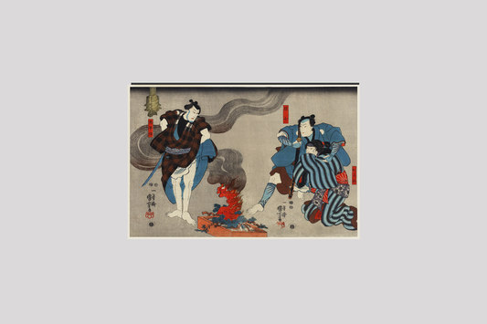 Oyone Magoshichi Taheiji by Utagawa Kuniyoshi (1798-1861), a woodcut diptychs of the traditional Japanese play with three actors, two male with sword, one protecting a woman and one intimidating them. Original from Library
