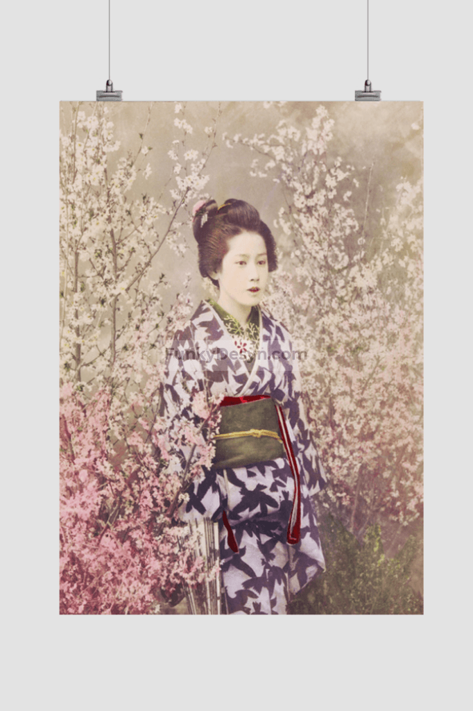 Beautiful photomechanical prints of a Geisha and Cherry Blossom (1887–1897) by Ogawa Kazumasa