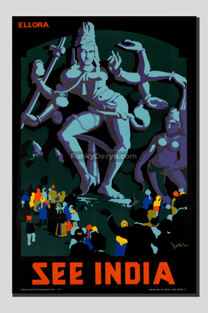 See India Ellora - Vintage Travel Poster 20X30 Inches/ Wrapped Canvas Decor
