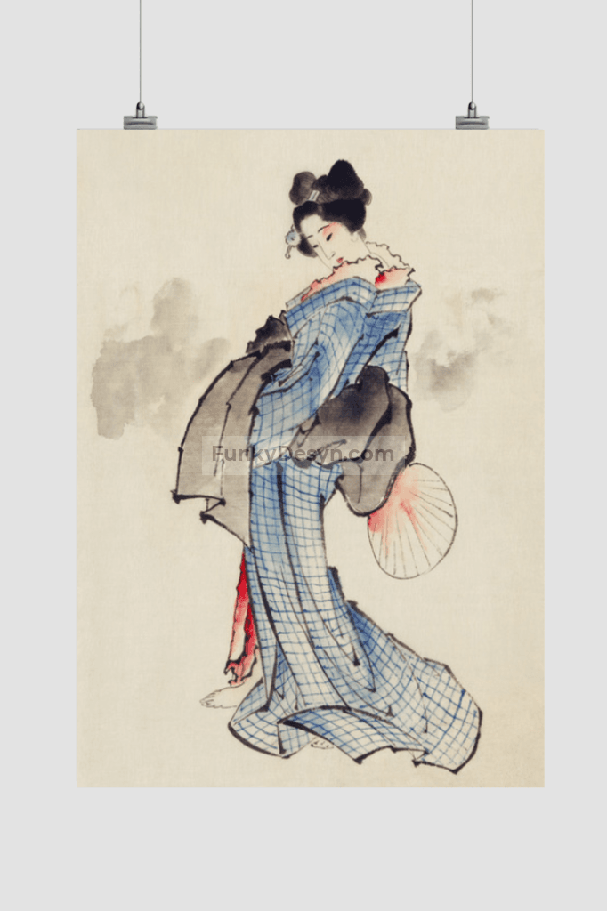 Woman, Full-Length Portrait, Standing, Facing Left, Holding Fan in Right Hand, Wearing Kimono with Check Design by Katsushika Hokusai (1760-1849), a traditional Japanese Ukyio-e style illustration of a Japanese woman in ki