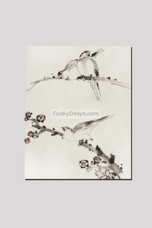 Three Birds Perched on Branches, One with Blossoms by Katsushika Hokusai