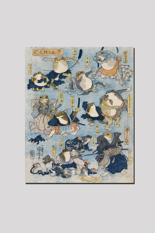 Famous Heroes of the Kabuki Stage Played by Frogs by Utagawa Kuniyoshi (1798-1861), a woodcut illustration of personified frogs in costume acting out scenes from Kabuki plays.