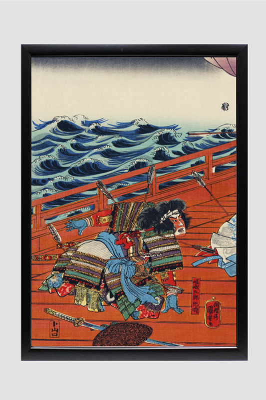 Saga Goro Mitsutoki by Utagawa Kuniyoshi (1753-1806), a traditional Japanese ukiyo-e style illustration of a traditional Japanese warrior in battle with arrows sticking out of his armor.