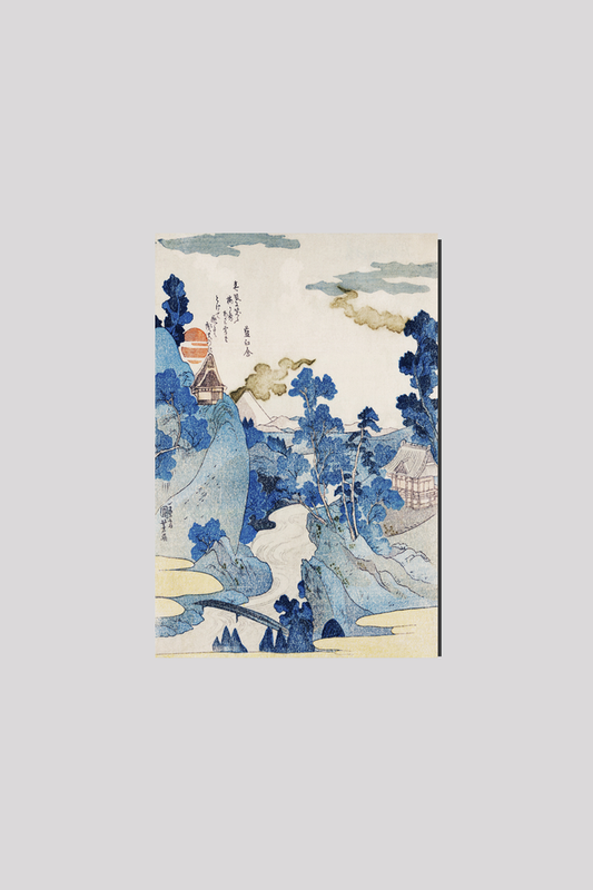Fuji no Yukei by Utagawa Kuniyoshi (1798-1861), translated An Evening View of Fuji, a traditional Japanese ukiyo-e style illustration of the stream of Asazawa in spring with view of Mount Fuji from the hot springs at Hakon