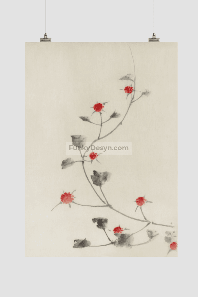 Large Pink Blossom on a Stem with Three Additional Buds by Katsushika Hokusai