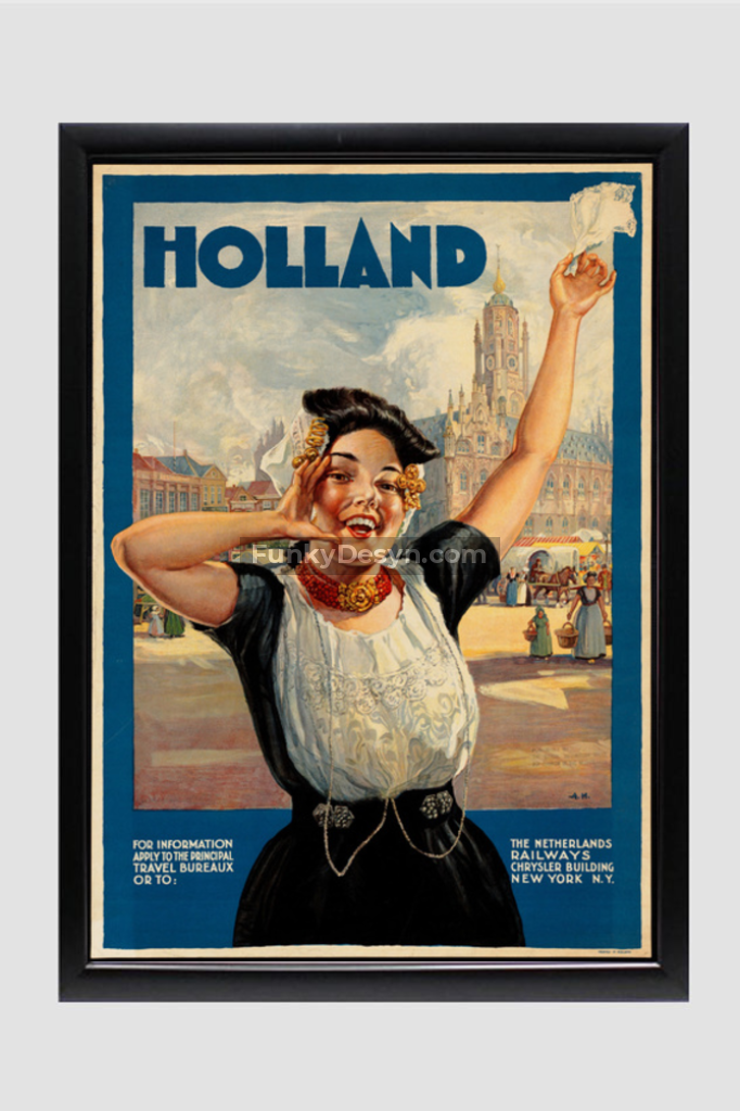 Holland Tourism Vintage Poster 11.7X16.54 Inches/ Black Framed Decor
