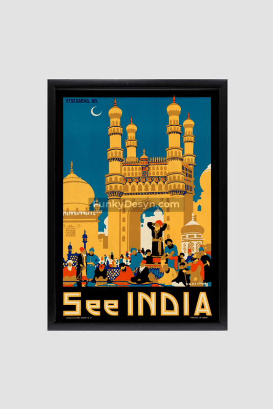 Visit India- Vintage Hyderabad Poster 8.3X11.7 Inches/ Black Framed Decor