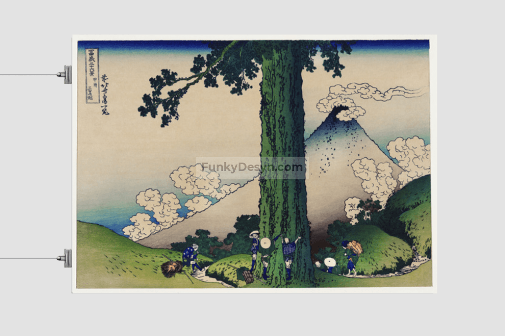 Mishima Pass in Kai Province by Katsushika Hokusai (1760-1849) a traditional Japanese Ukyio-e style illustration of Japanese local famers taking a break by the tree and Mount Fuji in the distance