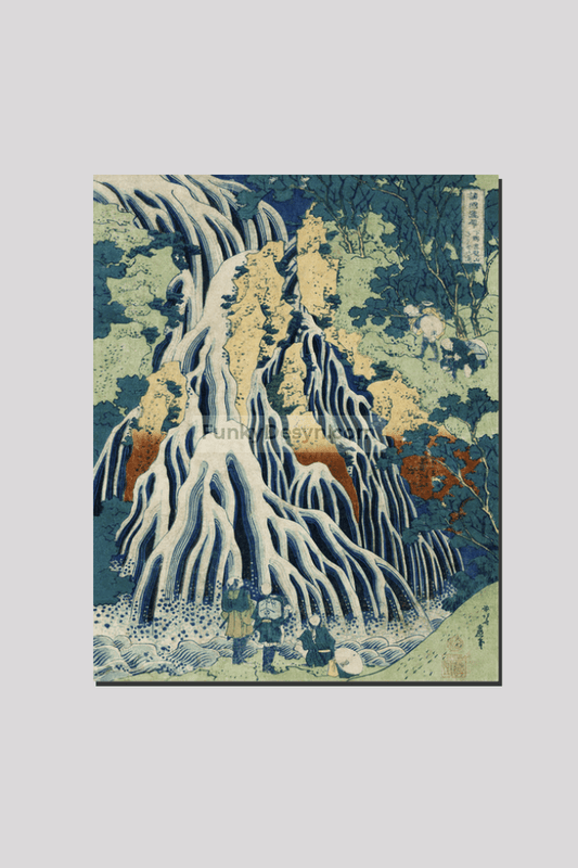 Shimotsuke Kurokami-Yama Kurifuri no Taki by Katsushika Hokusai (1760-1849) a traditional Japanese Ukyio-e style illustration of majestic Kirifuri Falls at Mount Kurokami in Shimosuke and sightseers