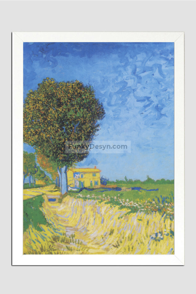 Vincent Van Goghs Avenue At Arles With Houses (1888) 11.7X16.54 Inches/ White Framed Poster