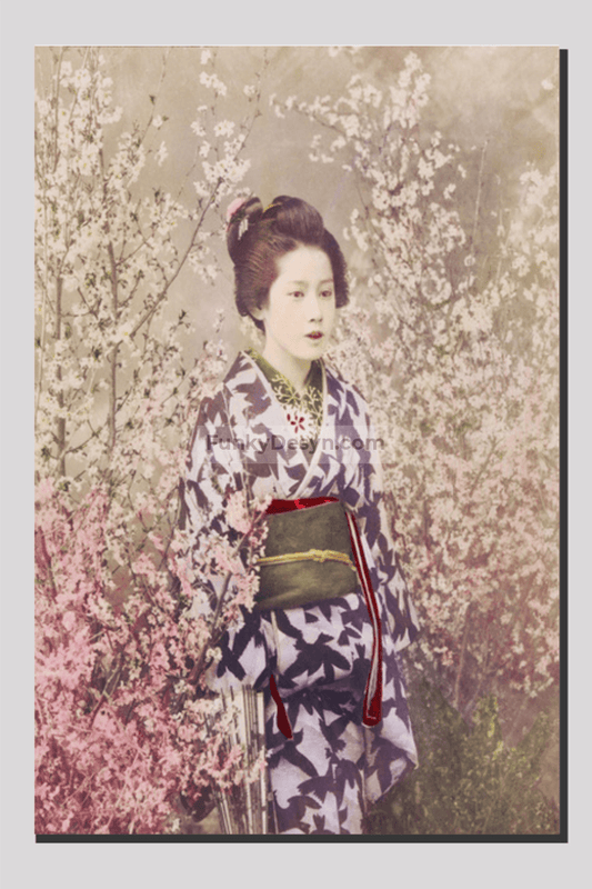 Beautiful photomechanical prints of a Geisha and Cherry Blossom (1887–1897) by Ogawa Kazumasa