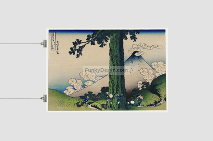 Mishima Pass in Kai Province by Katsushika Hokusai (1760-1849) a traditional Japanese Ukyio-e style illustration of Japanese local famers taking a break by the tree and Mount Fuji in the distance