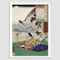Kakinomoto no Hitomaro by Utagawa Kuniyoshi (1798-1861), a woodcut illustration of an elderly man in traditional Japanese house with a nature view writing a poem