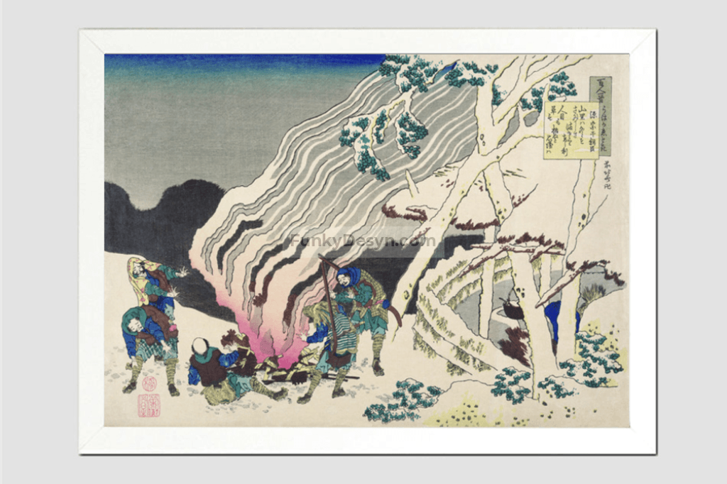 Minamoto no Muneyuki Ason by Katsushika Hokusai (1760-1849) a traditional Japanese Ukyio-e style illustration and poem of courtier warming themselves near the fire in the wintry night