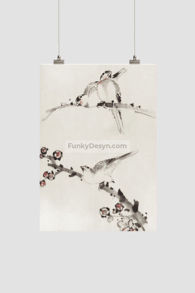 Three Birds Perched on Branches, One with Blossoms by Katsushika Hokusai