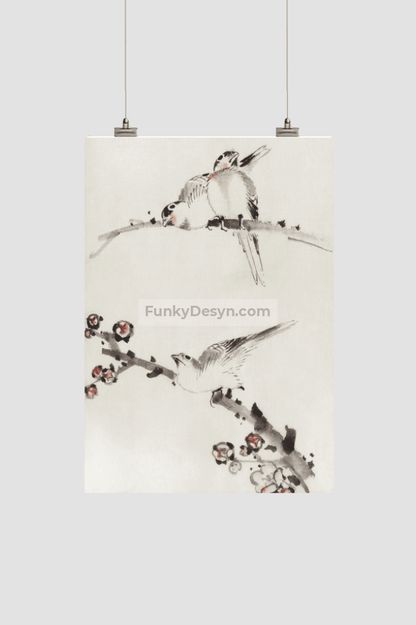Three Birds Perched on Branches, One with Blossoms by Katsushika Hokusai