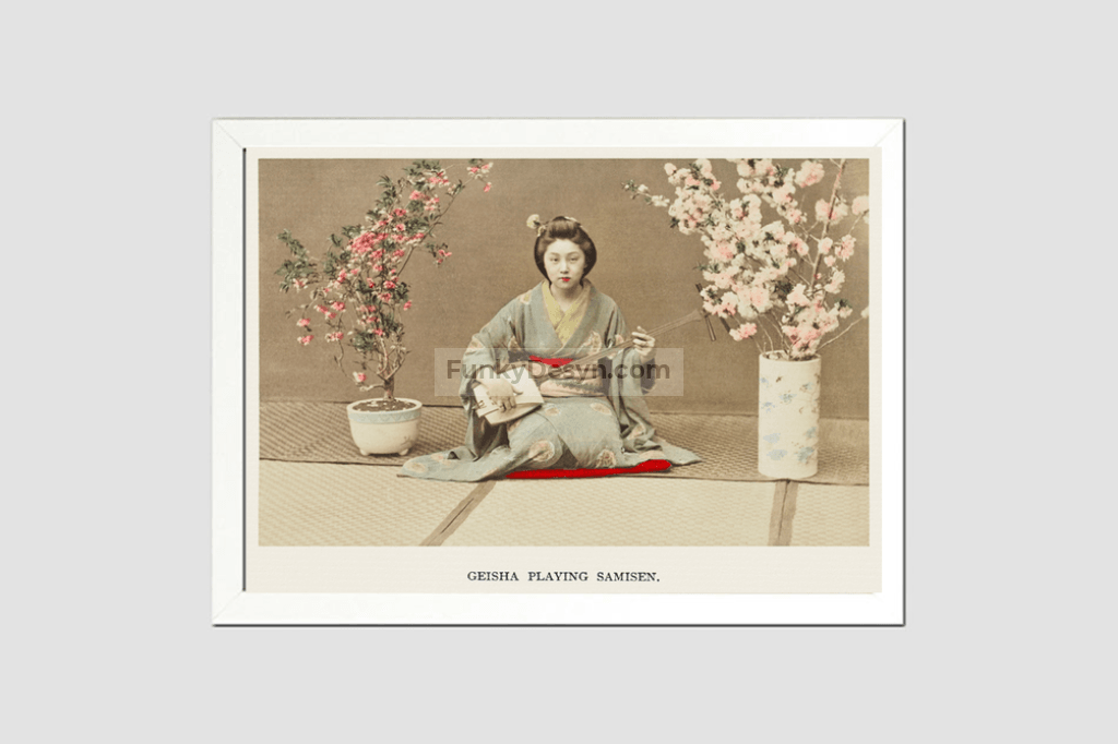 Geisha Playing Samisen, hand–colored albumen silver print from Japan. Described and Illustrated by the Japanese (1897) by Kazumasa Ogawa.