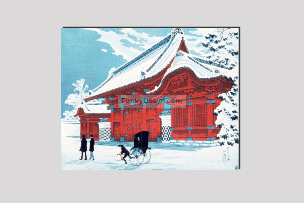 The Red Gate of Hongo in Snow (1926)  by Hiroaki Takahashi
