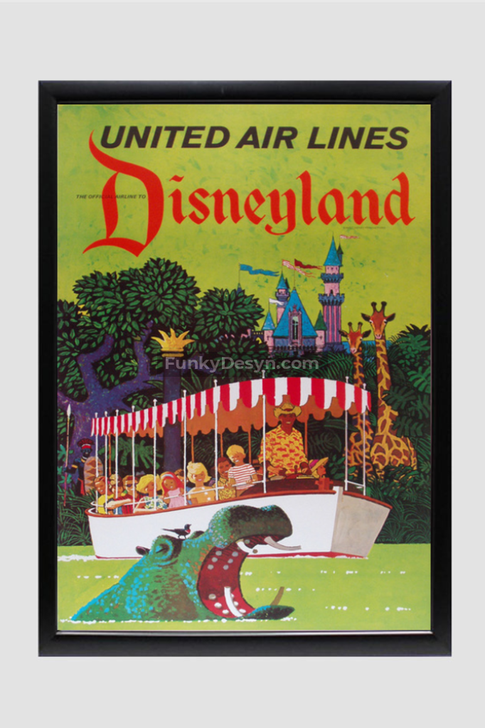 United Airlines Disneyland Vintage Travel Poster 11.7X16.54 Inches/ Black Framed Decor