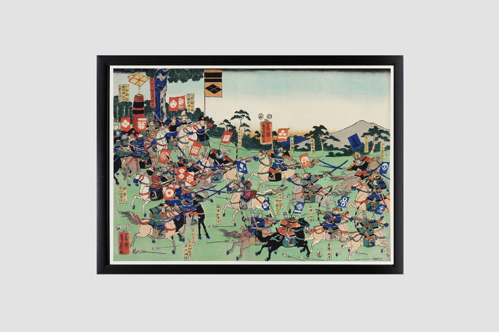 Kawanakajima no Kassen by Utagawa Kuniyoshi (1798-1861), a woodcut diptych of battle at Kawanakajima, showing two armies of cavalry in a battle with swordsmen and archers on horseback