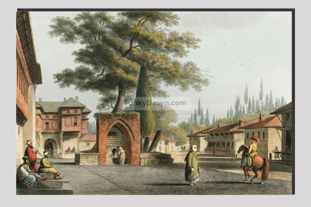 Caravansary at Kustchiuk Czemege from Views in the Ottoman Dominions, in Europe, in Asia, and some of the Mediterranean islands (1810)  by Luigi Mayer (1755-1803).