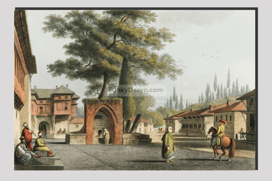 Caravansary at Kustchiuk Czemege from Views in the Ottoman Dominions, in Europe, in Asia, and some of the Mediterranean islands (1810)  by Luigi Mayer (1755-1803).