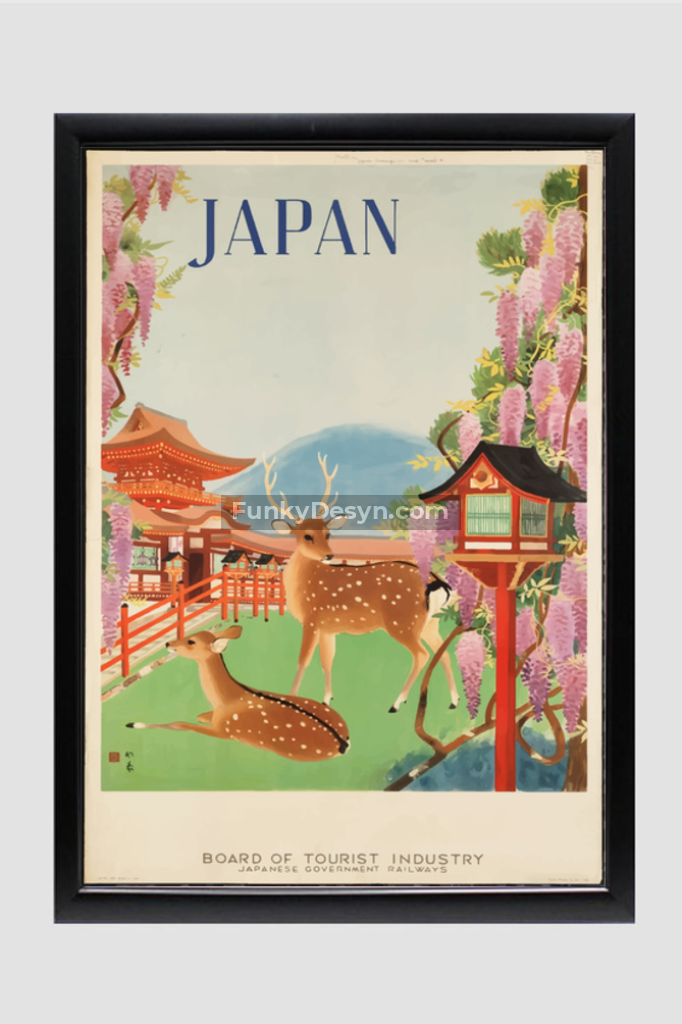 Visit Japan Vintage Travel Poster 11.7X16.54 Inches/ Black Framed Decor