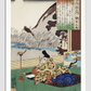 Kakinomoto no Hitomaro by Utagawa Kuniyoshi (1798-1861), a woodcut illustration of an elderly man in traditional Japanese house with a nature view writing a poem