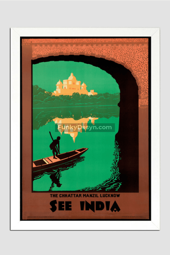 Visit India Vintage Lucknow Travel Poster 11.7X16.54 Inches/ White Framed Decor