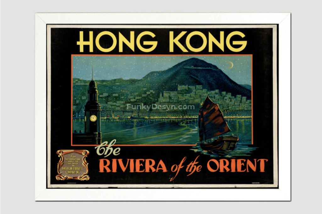Hong Kong Vintage Travel Poster 11.7X16.54 Inches/ White Framed Poster Decor