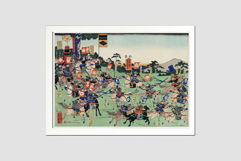 Kawanakajima no Kassen by Utagawa Kuniyoshi (1798-1861), a woodcut diptych of battle at Kawanakajima, showing two armies of cavalry in a battle with swordsmen and archers on horseback