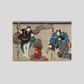 Oyone Magoshichi Taheiji by Utagawa Kuniyoshi (1798-1861), a woodcut diptychs of the traditional Japanese play with three actors, two male with sword, one protecting a woman and one intimidating them. Original from Library