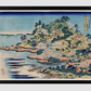 Sesshu Ajigawaguchi Tenposan by Katsushika Hokusai (1760-1849) a traditional Japanese Ukyio-e style illustration of a coastal community with shrines and pilgrims entering into the island