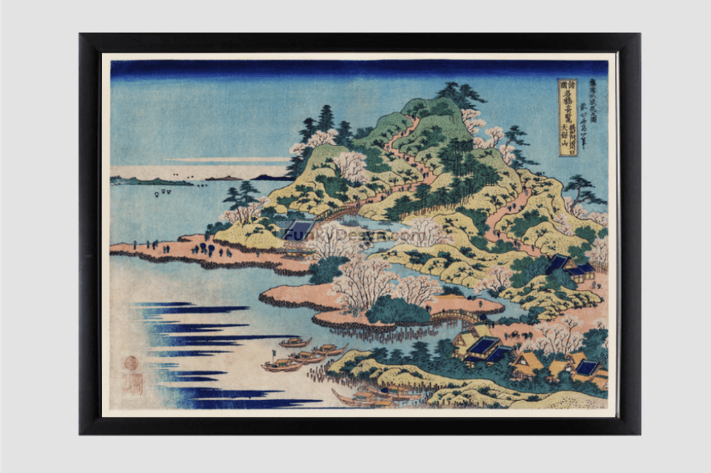 Sesshu Ajigawaguchi Tenposan by Katsushika Hokusai (1760-1849) a traditional Japanese Ukyio-e style illustration of a coastal community with shrines and pilgrims entering into the island