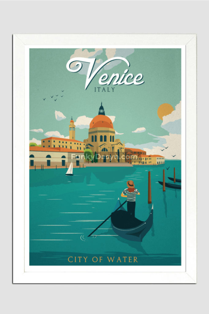 Venice Vintage Travel Poster 11.7X16.54 Inches/ White Framed Decor