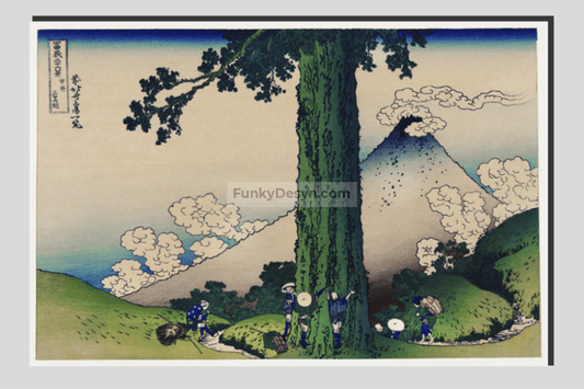 Mishima Pass in Kai Province by Katsushika Hokusai (1760-1849) a traditional Japanese Ukyio-e style illustration of Japanese local famers taking a break by the tree and Mount Fuji in the distance