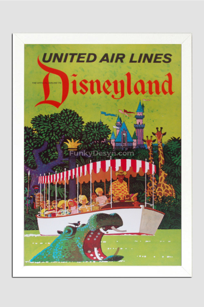 United Airlines Disneyland Vintage Travel Poster 11.7X16.54 Inches/ White Framed Decor