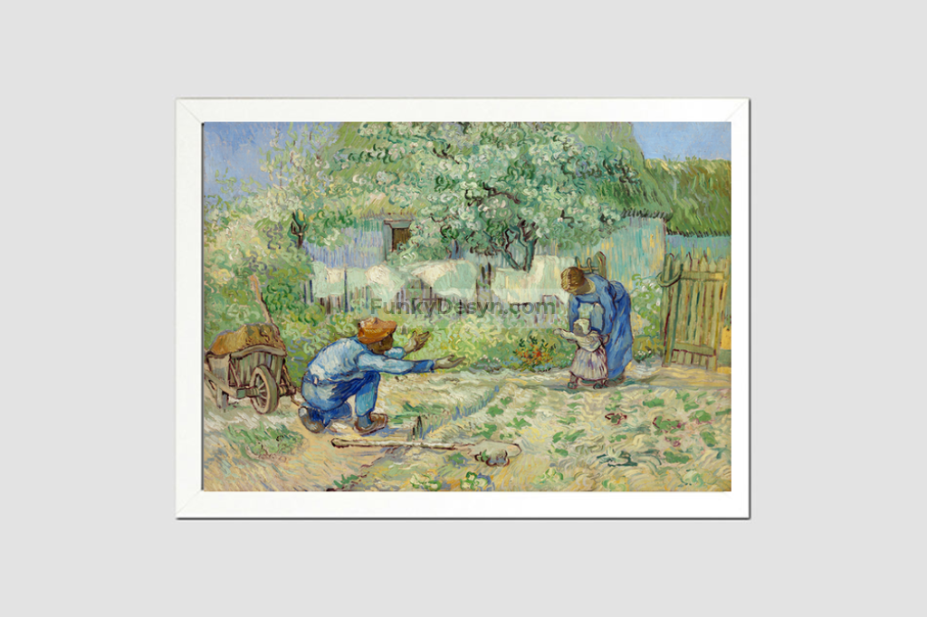 First Steps After Millet (1890) By Vincent Van Gogh. 8.3X11.7 Inches/ White Framed Poster