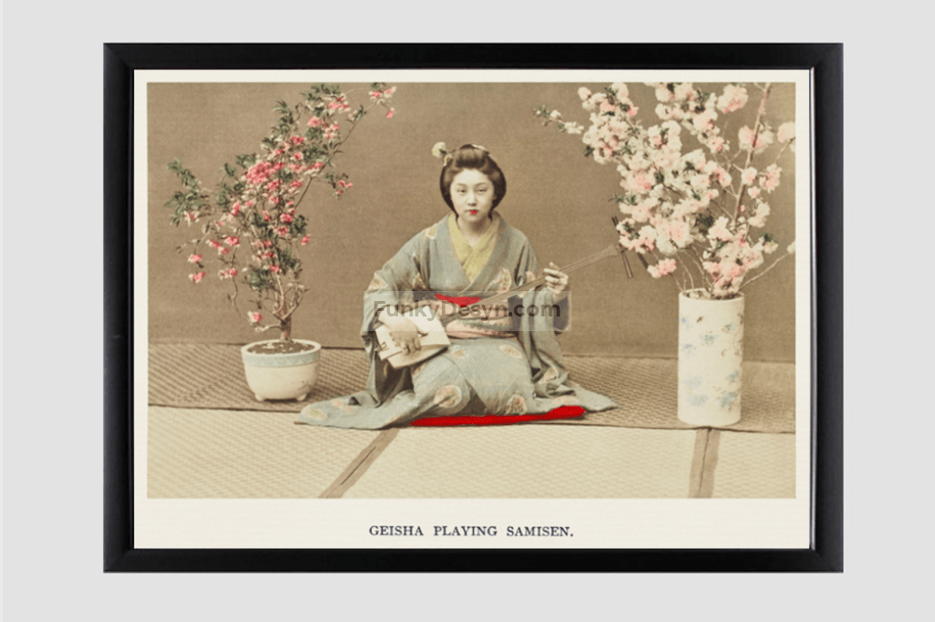 Geisha Playing Samisen, hand–colored albumen silver print from Japan. Described and Illustrated by the Japanese (1897) by Kazumasa Ogawa.