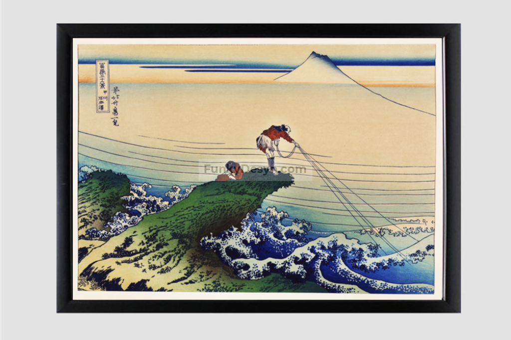 Koshu Kajikazawa by Katsushika Hokusai (1760-1849) a traditional Japanese Ukyio-e style illustration of a fisherman inland fishing with Mount Fuji in the background