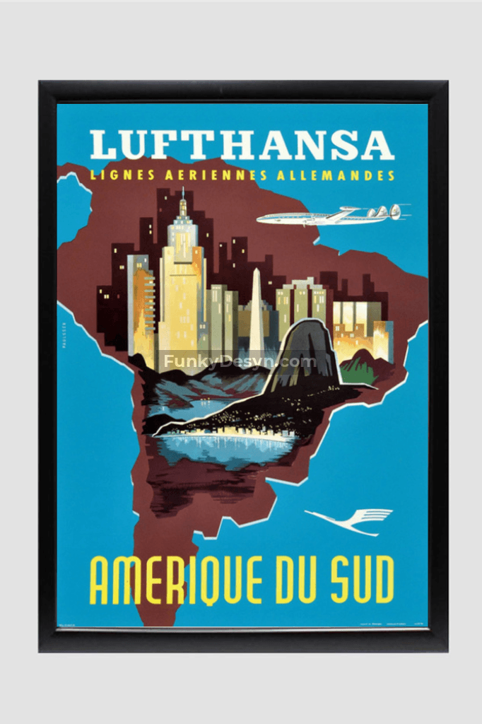 1958 Lufthansa South America Travel Poster 11.7X16.54 Inches/ Black Framed Decor