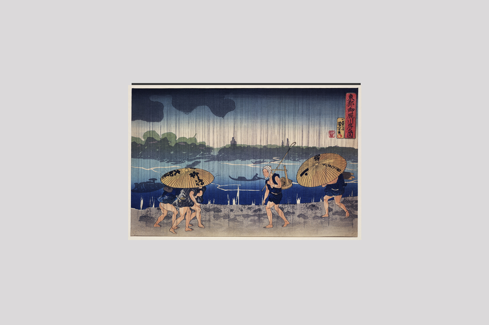 “People Walking Beneath Umbrellas Along the Seashore During a Rainstorm” by Utagawa Kuniyoshi (1798-1861), a woodcut illustrations of rural people traveling while raining.