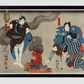 Oyone Magoshichi Taheiji by Utagawa Kuniyoshi (1798-1861), a woodcut diptychs of the traditional Japanese play with three actors, two male with sword, one protecting a woman and one intimidating them. Original from Library