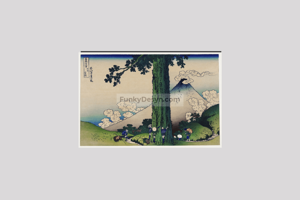 Mishima Pass in Kai Province by Katsushika Hokusai (1760-1849) a traditional Japanese Ukyio-e style illustration of Japanese local famers taking a break by the tree and Mount Fuji in the distance