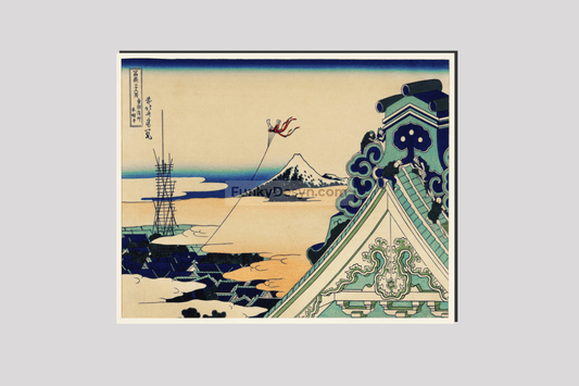 Toto Asakusa Honganji by Katsushika Hokusai (1760-1849), meaning Hongan-ji Temple at Asakusa in the Eastern Capital, a traditional Japanese Ukyio-e style illustration of a traditional temple with a kite flying through the
