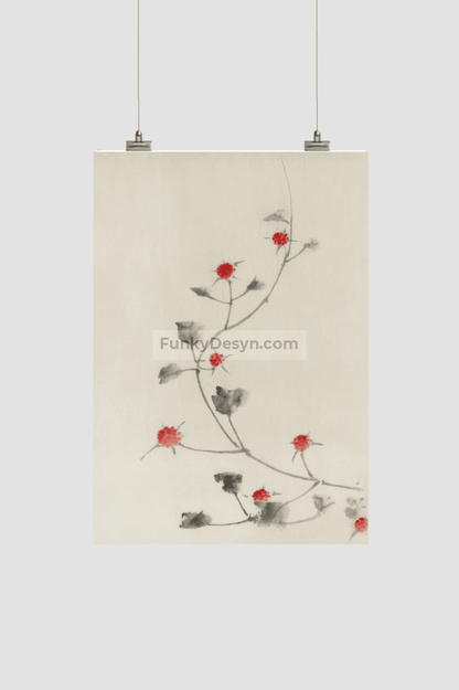 Large Pink Blossom on a Stem with Three Additional Buds by Katsushika Hokusai