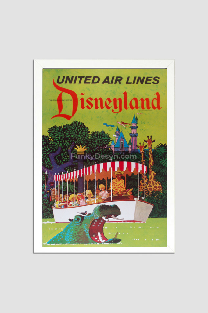 United Airlines Disneyland Vintage Travel Poster 8.3X11.7 Inches/ White Framed Decor