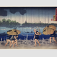 “People Walking Beneath Umbrellas Along the Seashore During a Rainstorm” by Utagawa Kuniyoshi (1798-1861), a woodcut illustrations of rural people traveling while raining.
